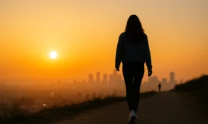 Woman walking with sunset